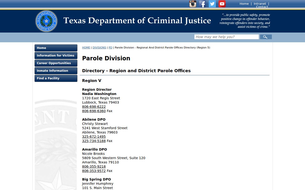 Dell City criminal records and TDCJ Region V parole offices