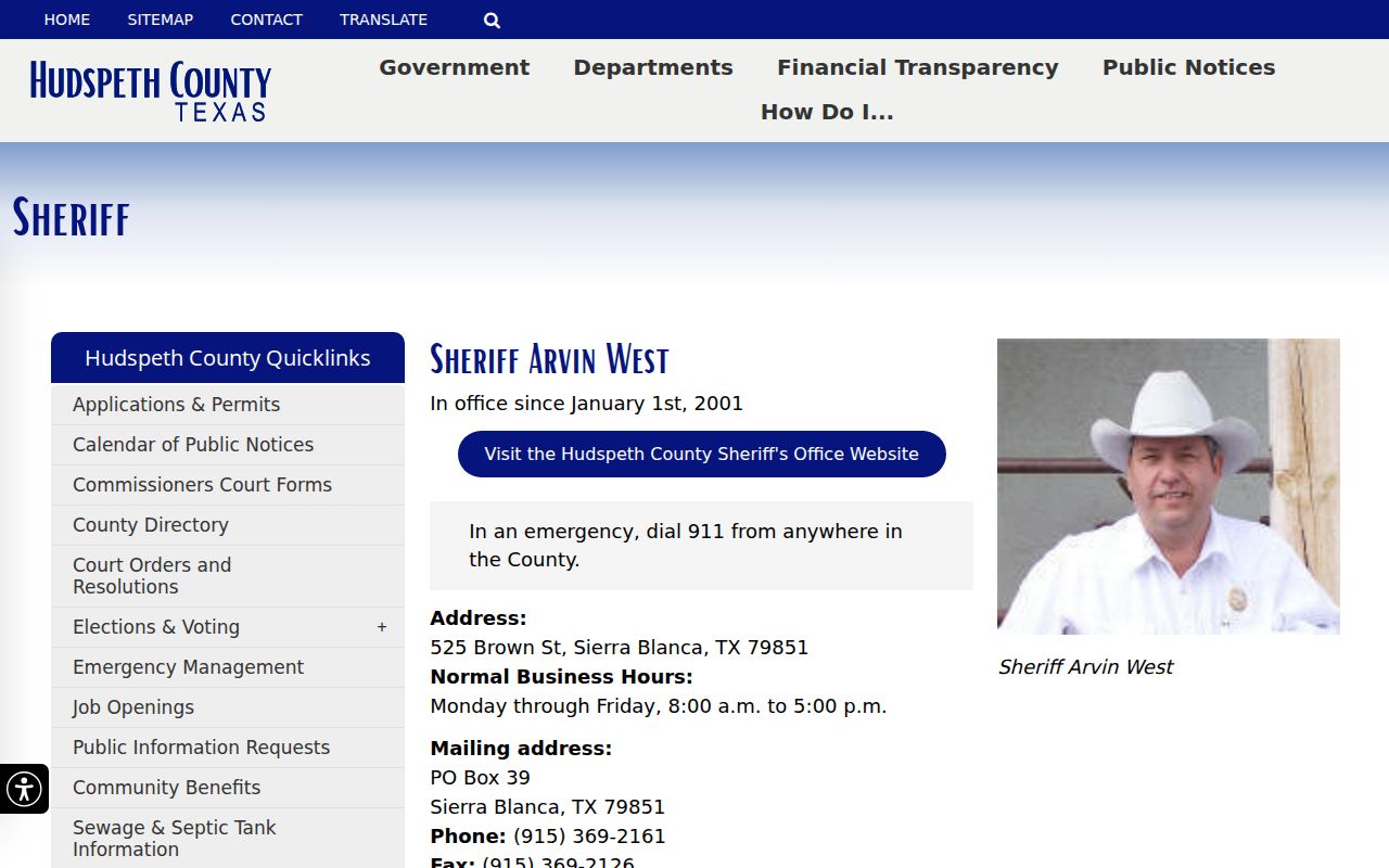 Hudspeth County sheriff contact page for arrest records