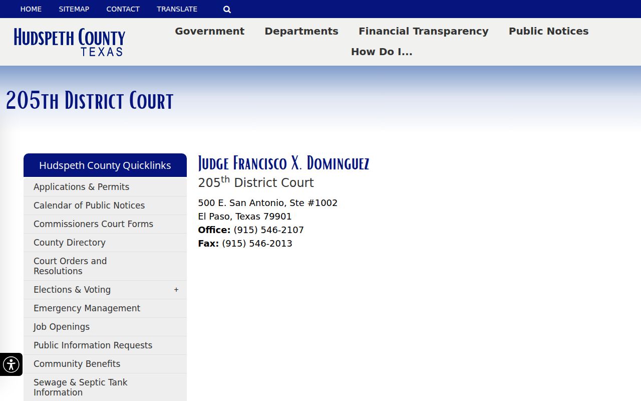 Hudspeth County criminal court case page for the 205th District Court