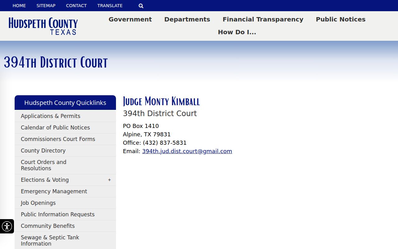 Hudspeth County criminal court case page for the 394th District Court