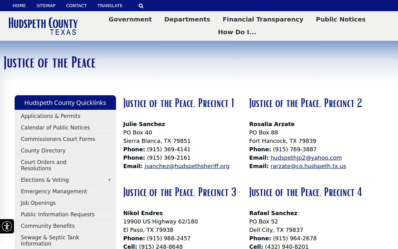 Hudspeth County criminal court case contacts for four justice courts